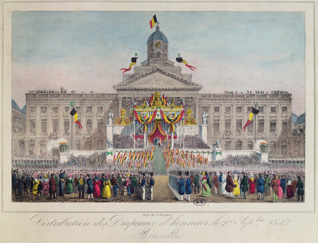 Verteilung der Ehrenfahnen in Brüssel am 27. September 1832, 1832 (Farbstich) von Belgian School