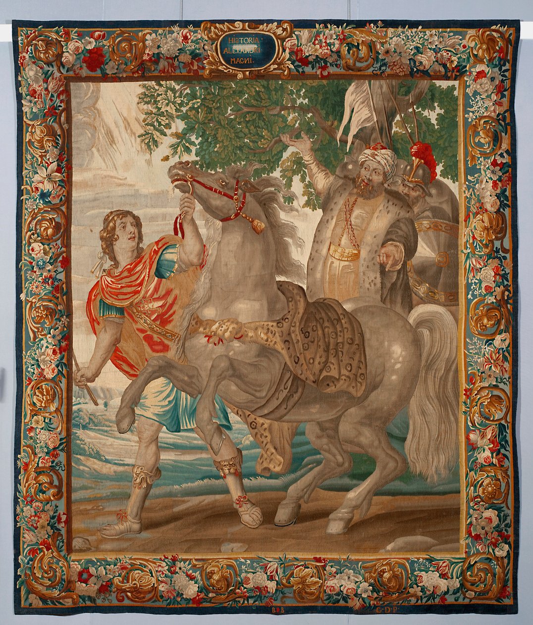 Alexander der Große zähmt das Pferd Bucephalos. Wandteppich aus den Manufakturen von Brüssel. 16. Jahrhundert Genua, Musei di Strada Nuova von Belgian School