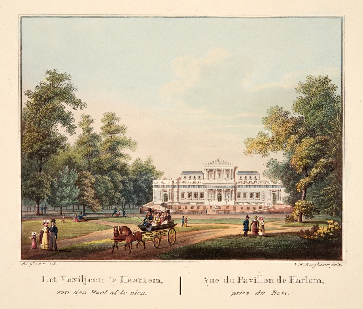 Het Paviljoen te Jaarlem, van den Hout af te zien. Vue du Pavillon de Harlem, prise du Bois, 1825 (handkolorierte Gravur) von Bendrik Greeven