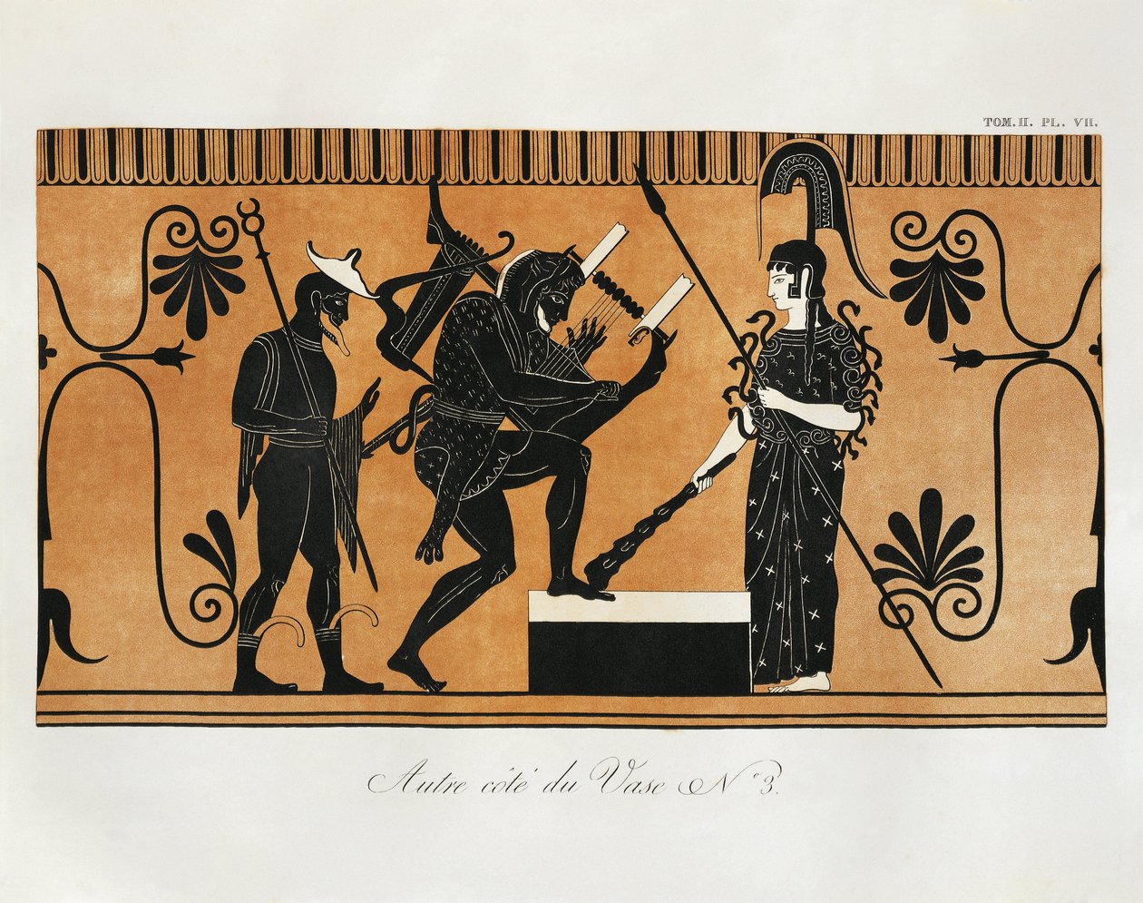Szene von antiker griechischer Vase mit Herakles, der vor Athena Lyra spielt, mit Hermes dahinter, von Piringer (nach griechischem Original), Gravur von Benedict or Benedikt Piringer