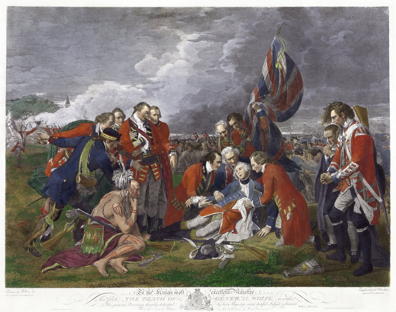 Tod von General Wolfe nach einem Gemälde von Benjamin West. James Wolfe (1727-1759), britischer Armeekommandant, tödlich verwundet beim Sieg über die Franzosen in der Schlacht auf den Ebenen von Abraham, Quebec. Siebenjähriger Krieg Kanada Frankreich von Benjamin (after) West