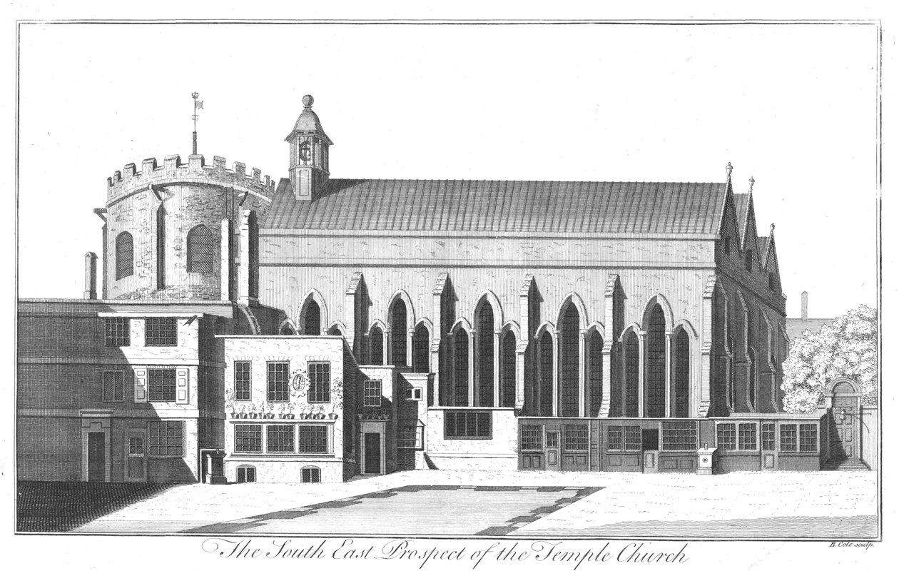 Die Südostansicht der Temple Church, um 1737 von Benjamin Cole