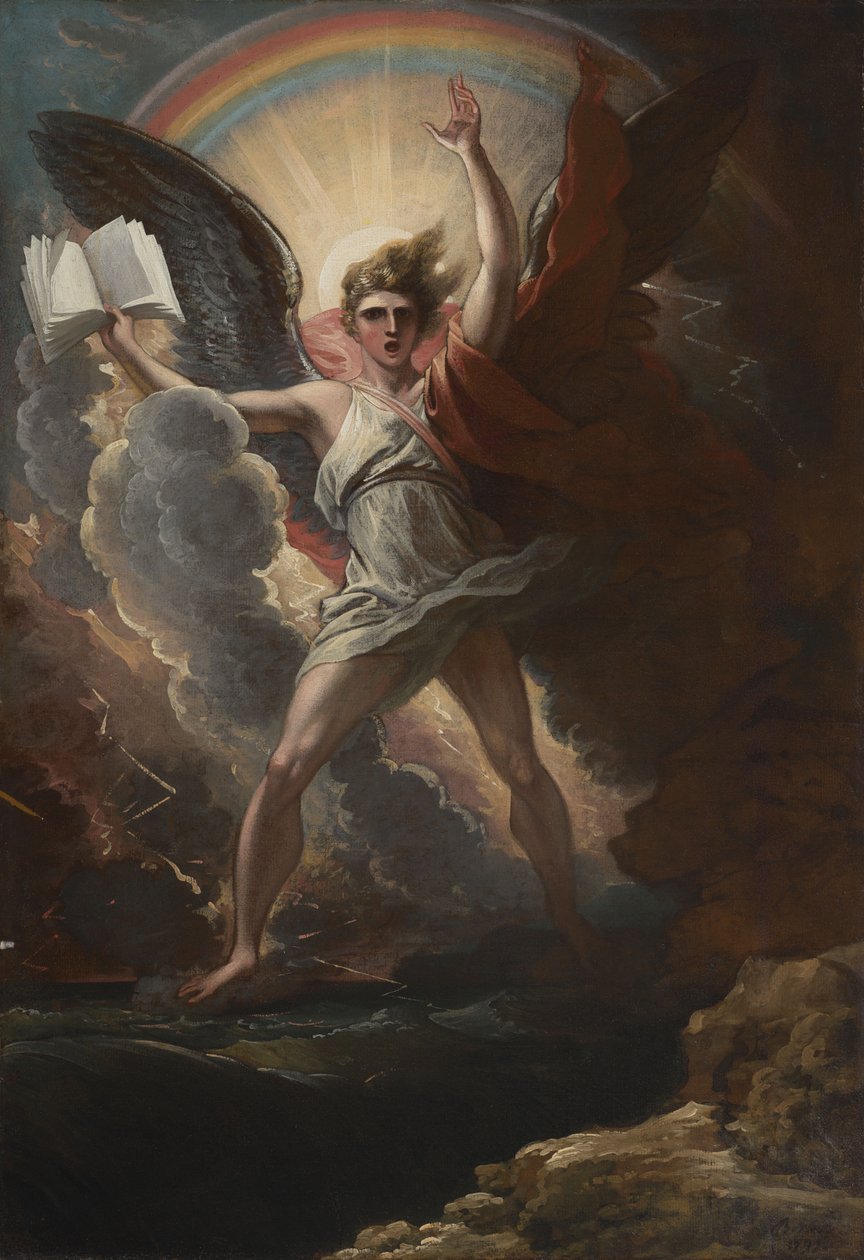 Ein mächtiger Engel steht auf dem Land und auf dem Meer von Benjamin West