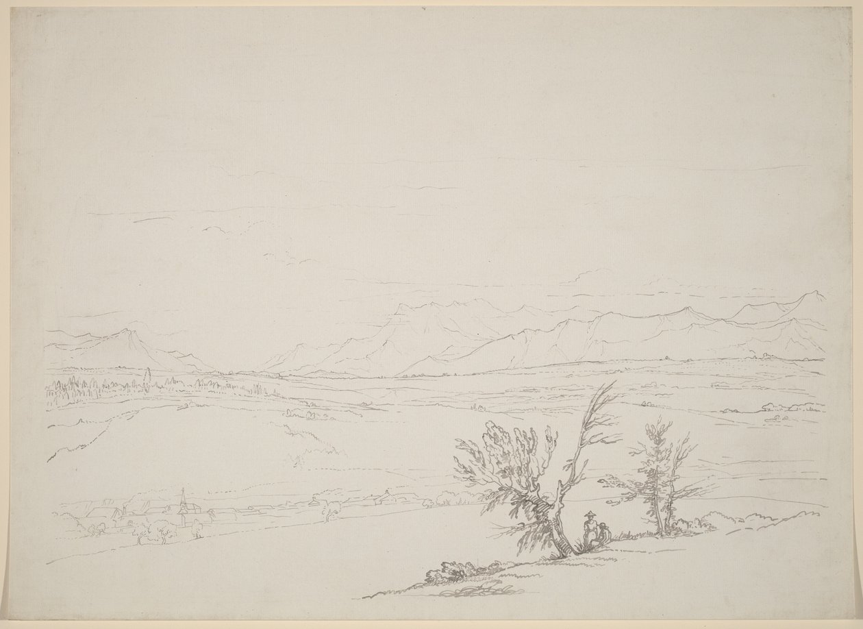 Eine Alpenlandschaft mit einem Paar, das von Bäumen aus ins Tal blickt von Benjamin West