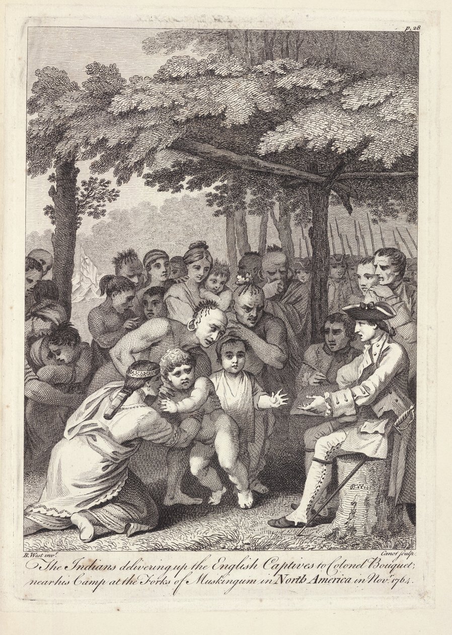 Die Indianer übergeben die englischen Gefangenen an Colonel Bouquet in der Nähe seines Lagers an den Gabelungen des Muskingham in Nordamerika im November 1764 von Benjamin West