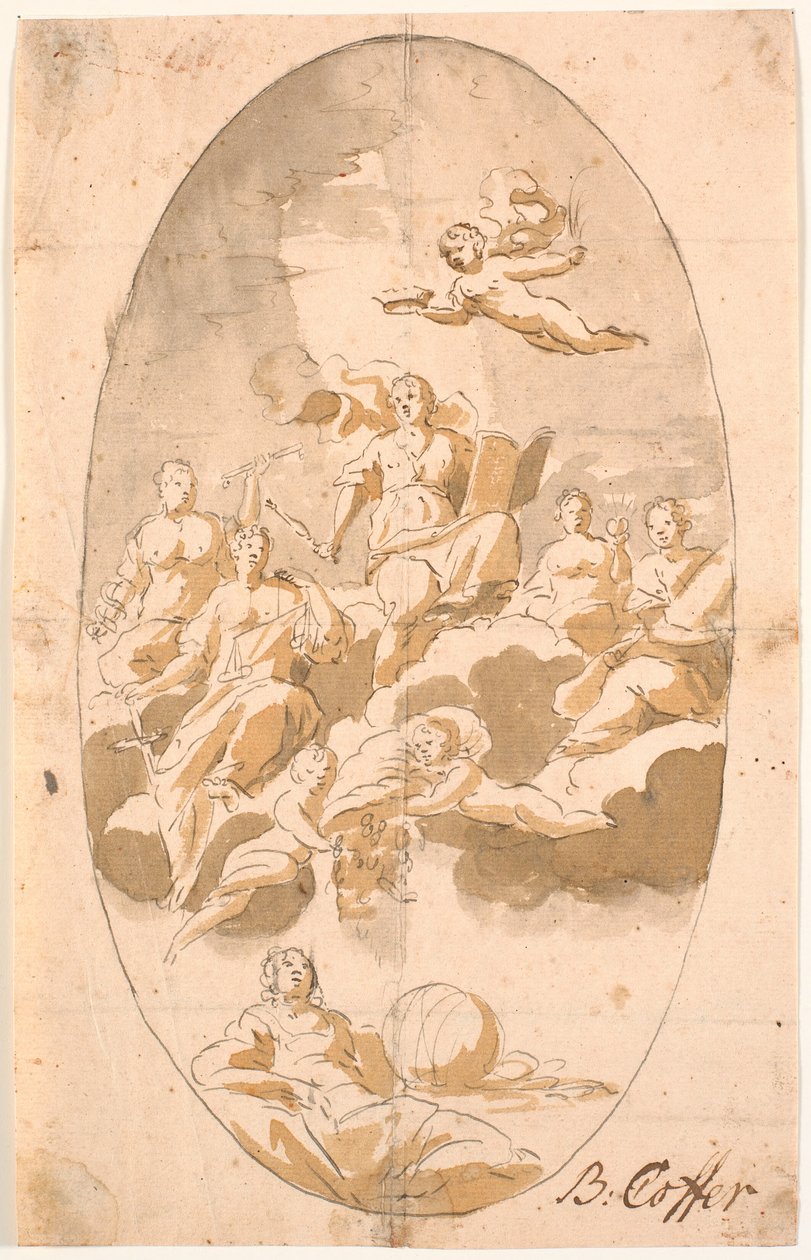 Studie für ein Deckenfresko mit neun Figuren, oval von Benoît Le Coffre