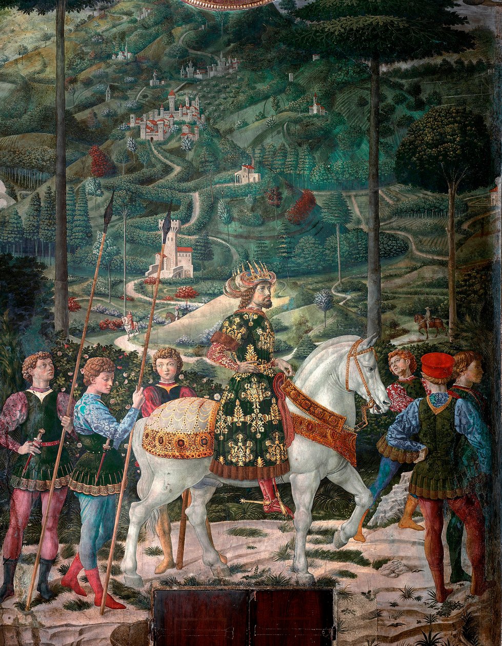Der byzantinische Kaiser „Die Reise der Heiligen Drei Könige“. Prozession der Heiligen Drei Könige von Jerusalem nach Bethlehem, genannt auf Italienisch „Viaggio dei Magi“ oder „Cavalcata dei Magi“. Detail (Darstellung des byzantinischen Kaisers Johannes V von Benozzo di Lese di Sandro Gozzoli