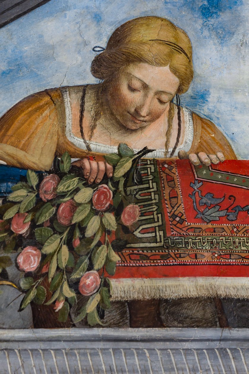 Frau im gelben Kleid und Blumen, Detail des Gewölbes, Aula Costabiliana oder Schatzkammer (Fresko) von Benvenuto Tisi da Garofalo