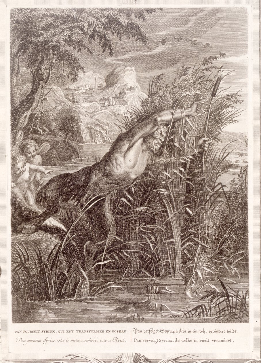 Pan verfolgt Syrinx: Sie wird in ein Schilfrohr verwandelt, 1731 von Bernard Picart
