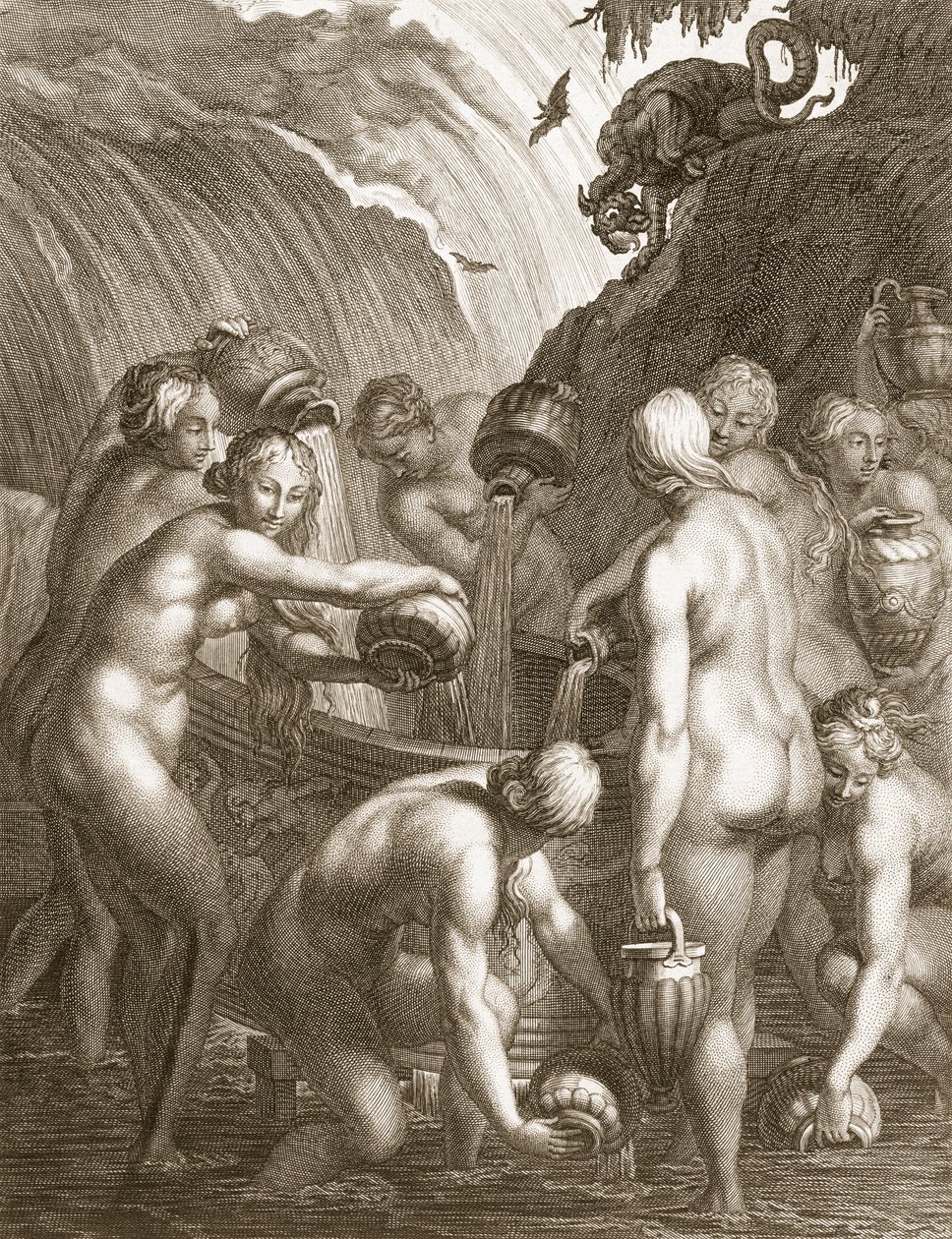 Die Danaiden, verurteilt, durchlöcherte Gefäße mit Wasser zu füllen, 1730 von Bernard Picart