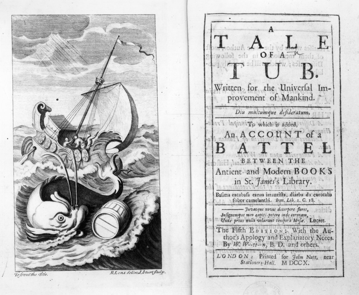 Frontispiz und Titelseite zu A Tale of a Tub von Jonathan Swift, graviert von John Sturt, 1704 von Bernard II Lens
