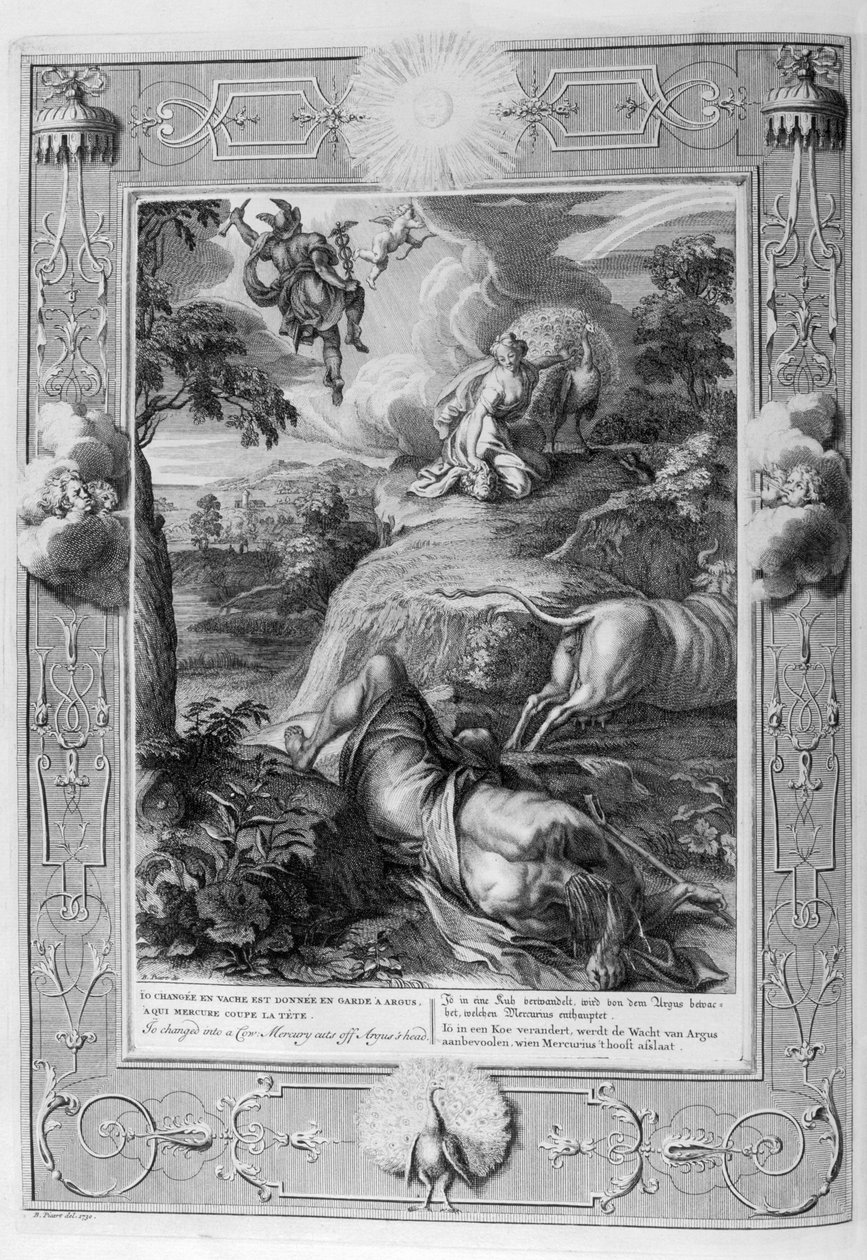 Io, die Tochter des Inachus und Geliebte des Zeus, wurde in eine Kuh verwandelt (Gravur) von Bernard Picart