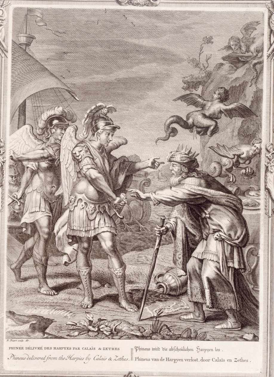 Phineus wird von den Harpyien durch Calais und Zethes befreit, 1731 von Bernard Picart