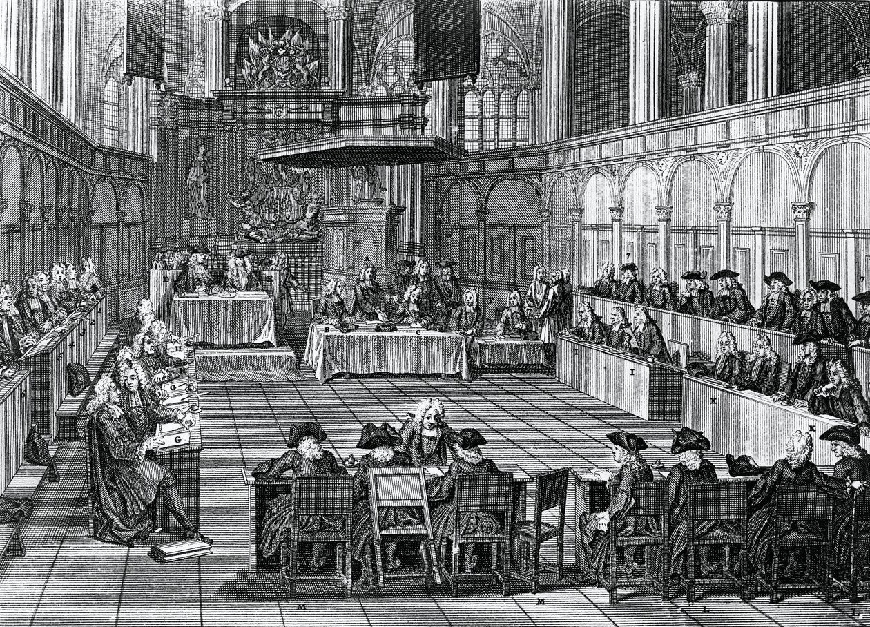 Protestantische Synode, die 1730 in der Nieuwe Kerk (Neue Kirche) in Amsterdam, Niederlande, abgehalten wurde, Gravur von Bernard Picart (1673-1733) von Bernard Picart