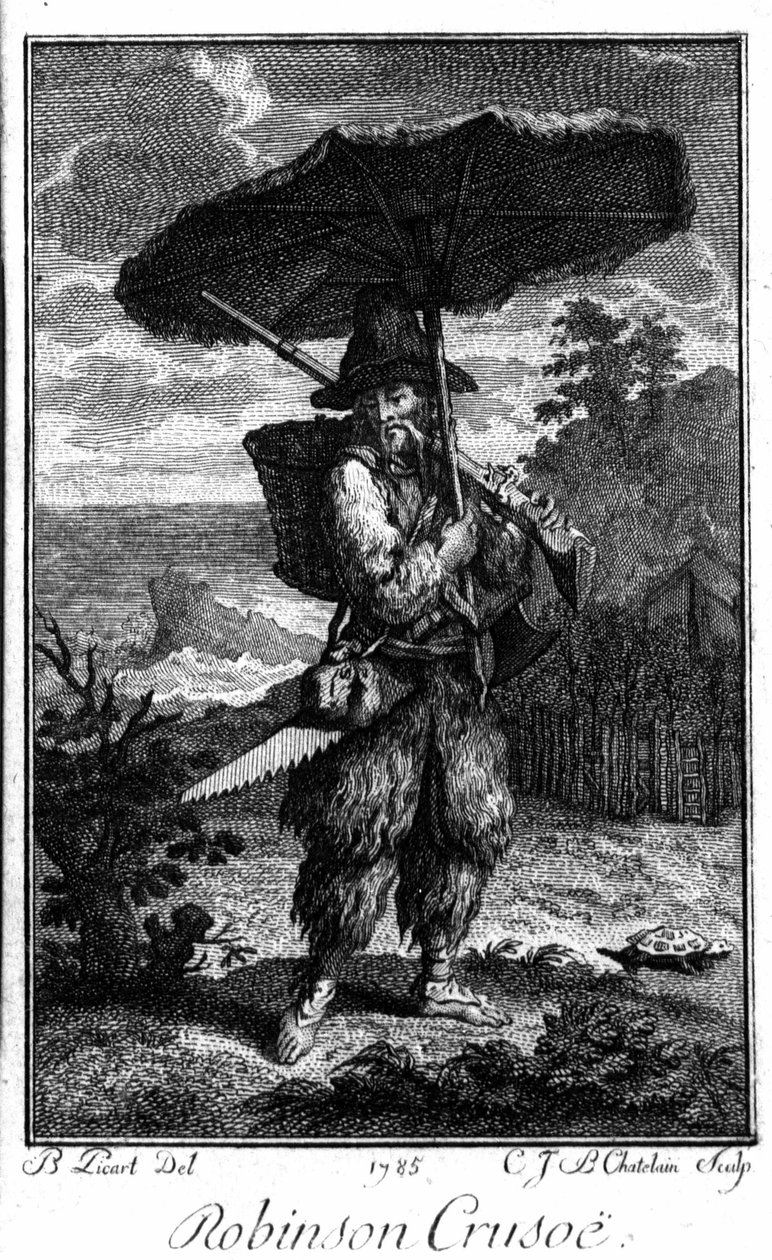 Darstellung von Robinson Crusoe auf seiner einsamen Insel. Gravur von ...