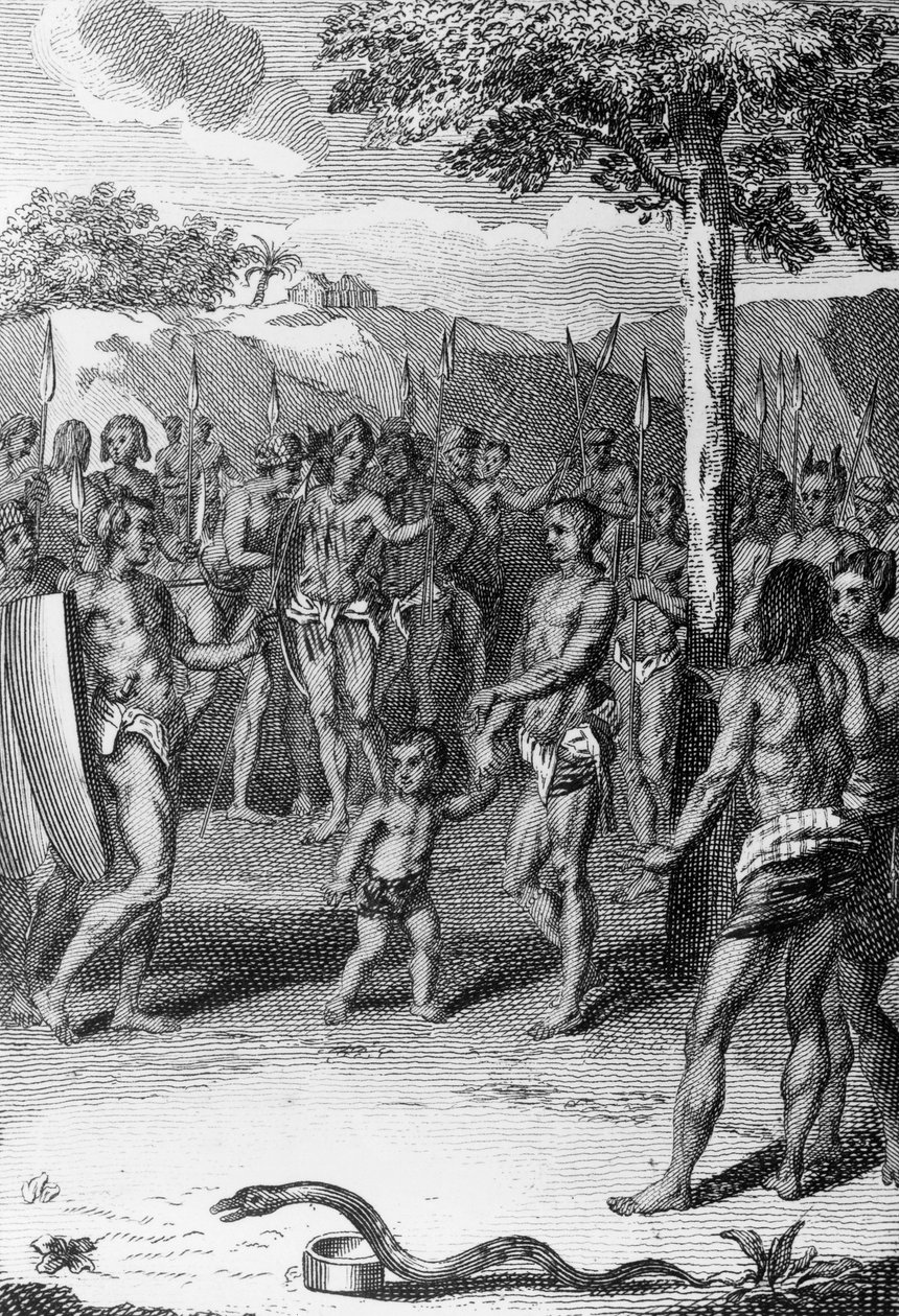 Ritualzeremonie, mit Schlange im Vordergrund, Guinea, aus Histoire Generale des Ceremonies, moeurs, et coutumes religieuses de tous les peuples du monde, von Antoine Banier (1673-1741) und Jean Baptiste Le Mascrier (1697-1760) von Bernard Picart