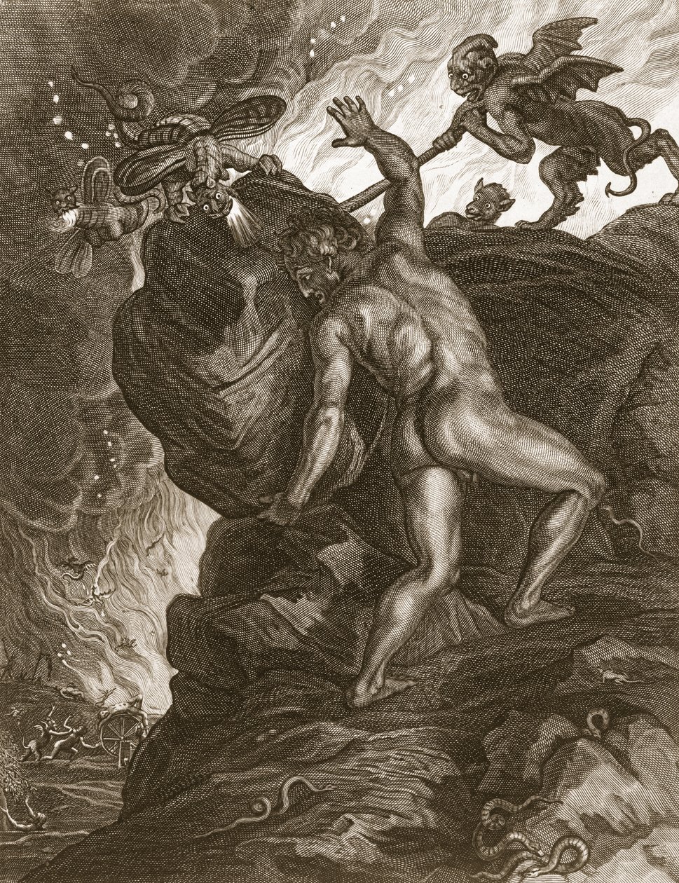 Sisyphus schiebt seinen Stein einen Berg hinauf, 1731 von Bernard Picart