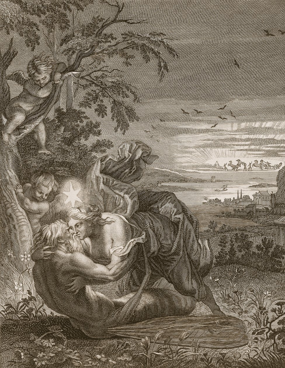 Tithonus, Auroras Ehemann, in eine Heuschrecke verwandelt, 1731 von Bernard Picart