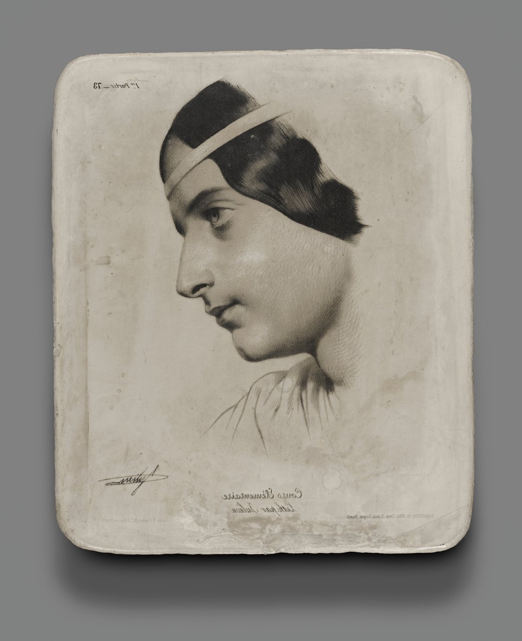 Lithografiestein für Kopf einer Frau für ein Modellbuch von Bernard Romain Julien