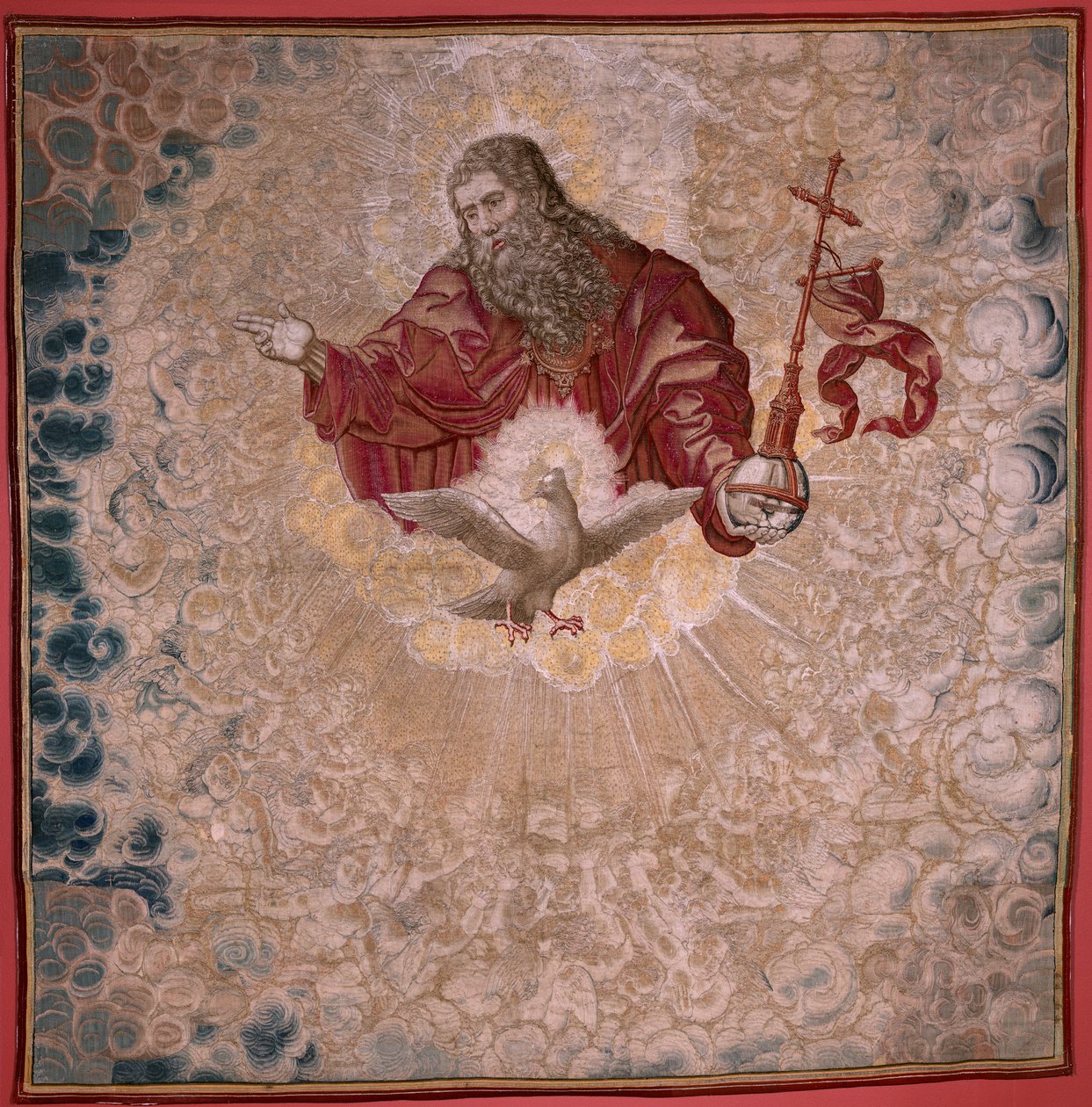Flämischer Wandteppich. Serie Baldachin von Karl V. (Baldachin von Margarete von Österreich). Gott der Vater und der Heilige Geist. Baldachin des Baldachins. Modell Bernard van Orley (1491-1542). Herstellung Pieter de Pannemaker. von Bernard van Orley
