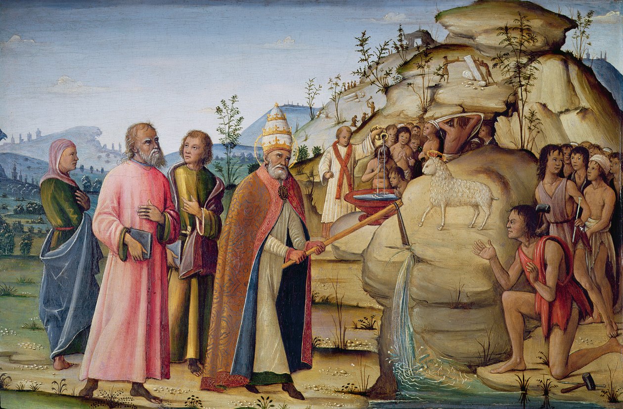 St. Clemens schlägt den Felsen unter dem Heiligen Lamm von Bernardino Fungai