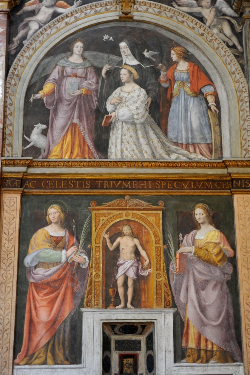 Heilige Apollonia und Heilige Lucia, oben Ippolita Sforza umgeben von Heiligen und Nonnen, Fresko von Bernardino Luini in der Kirche von Sankt Mauritius im Maggiore-Kloster, Mailand, Lombardei, Italien von Bernardino Luini