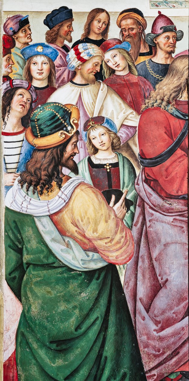 Die Piccolomini-Bibliothek, Nordostwand: „Aeneas Sylvius hält eine Rede vor König Jakob I. von Schottland, Winter 1435“ von Bernardino di Betto Pinturicchio