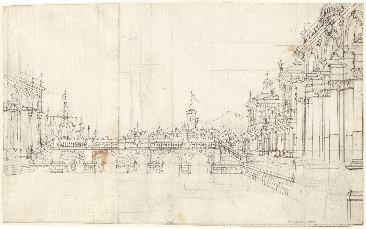 Ein Capriccio von Palästen und einer Loggia mit Blick auf eine klassische Brücke von Bernardo Bellotto