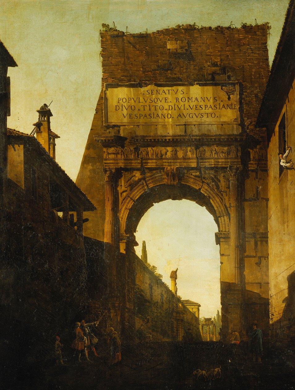 Der Titusbogen in Rom mit der Mauer und dem Tor der Farnesischen Gärten und dem Tempel der Castor und Pollux im Hintergrund, zwei Touristen im Vordergrund von Bernardo Bellotto