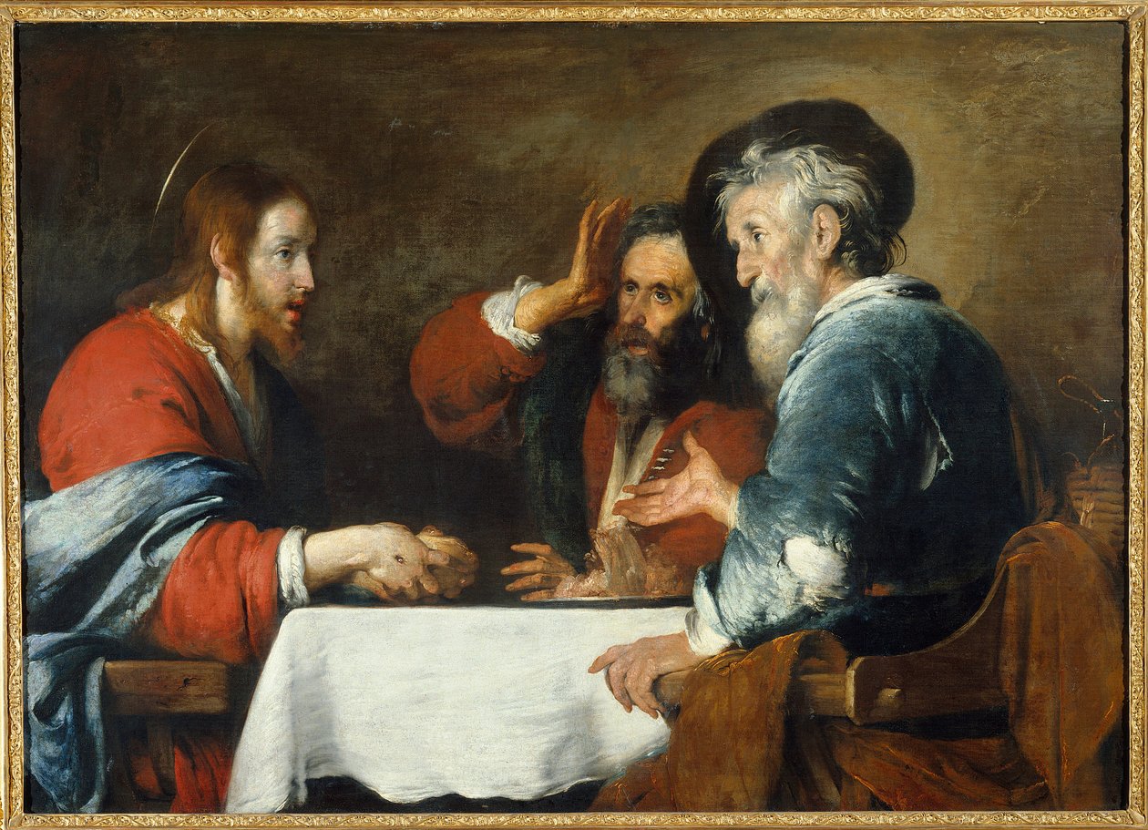 Christus in Emmaus. Christus erscheint den Pilgern an einem Tisch in einem Gasthaus in Emmaus. Gemälde von Bernardo Strozzi, 1640 von Bernardo Strozzi
