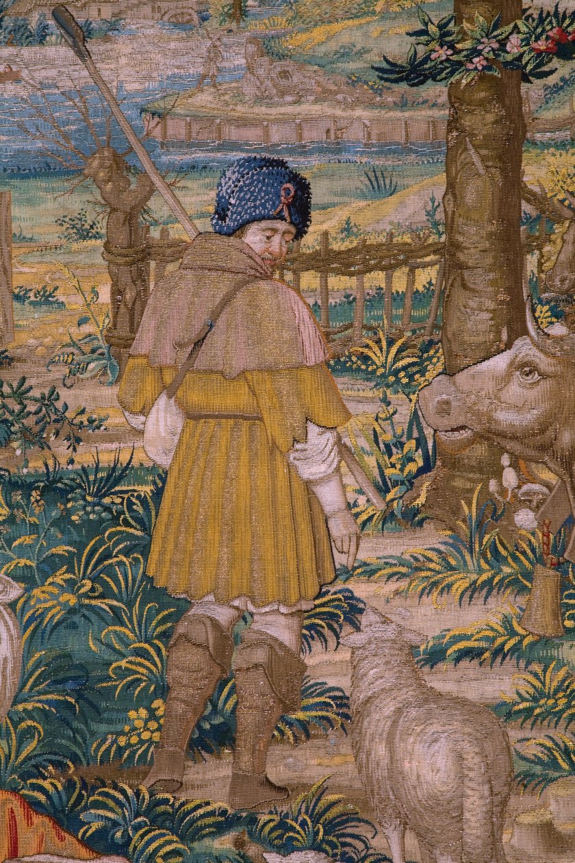 Flämischer Wandteppich. Serie Die Gründung Roms: Faustulus trifft Romulus und Remus. Zeichner Barend van Orley (?). Herstellung Brüssel. 1525-1530. (Detail) von Bernart van (attr. to) Orley