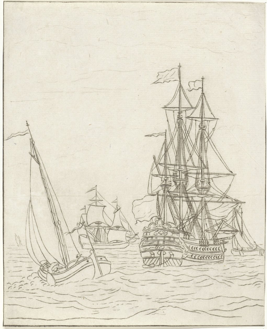 Kriegsschiff und drei Segelschiffe auf hoher See von Bernhard Schreuder