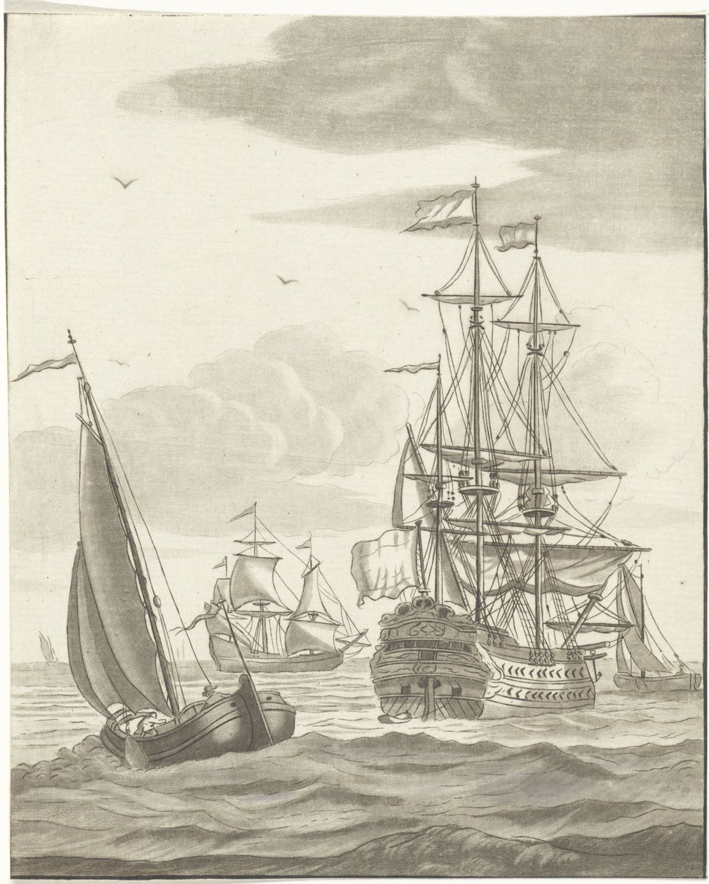 Kriegsschiff und drei Segelschiffe auf hoher See von Bernhard Schreuder