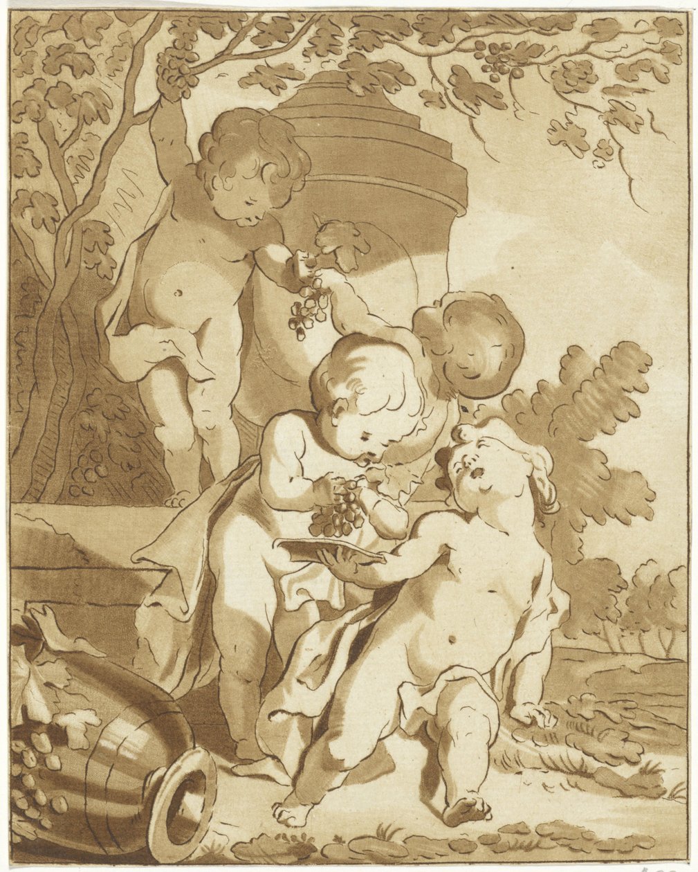 Vier Trauben pflückende Putti bei einer Vase von Bernhard Schreuder