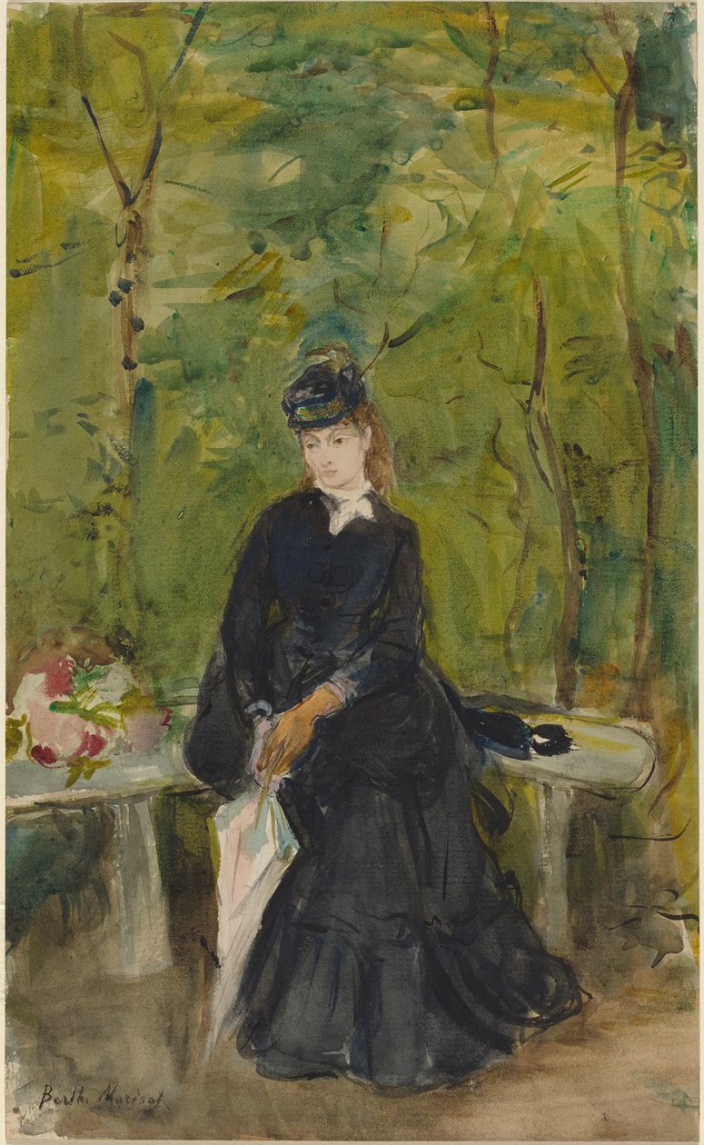 Die Schwester des Künstlers Edma auf einer Bank sitzend von Berthe Morisot
