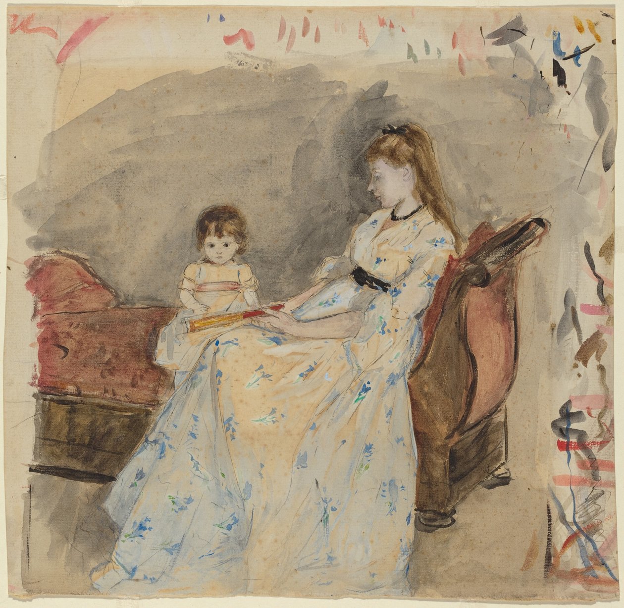 Die Schwester des Künstlers, Edma, mit ihrer Tochter Jeanne (recto); Die Schwester des Künstlers Edma im Freien sitzend (verso) von Berthe Morisot