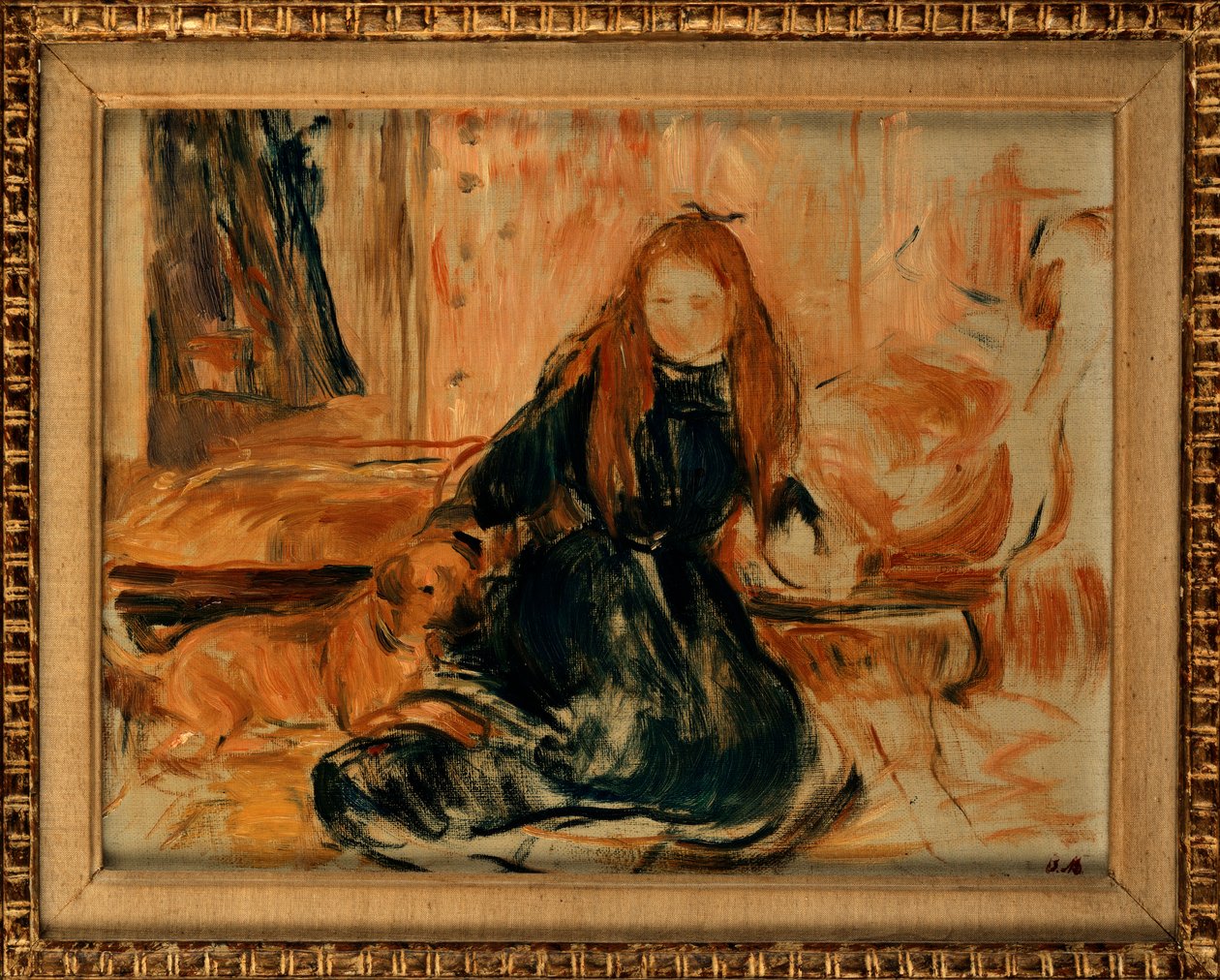 Junges Mädchen spielt mit einem Hund, 1892 von Berthe Morisot