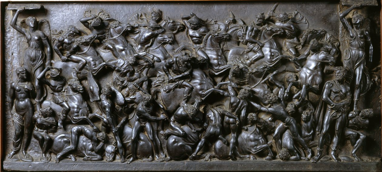 Schlacht zwischen Römern und Barbaren (Bronze) - Schlacht der Römer und Barbaren (Schlacht der Reiter). Bronze-Relief von Bertoldo di Giovanni von Bertoldo di Giovanni