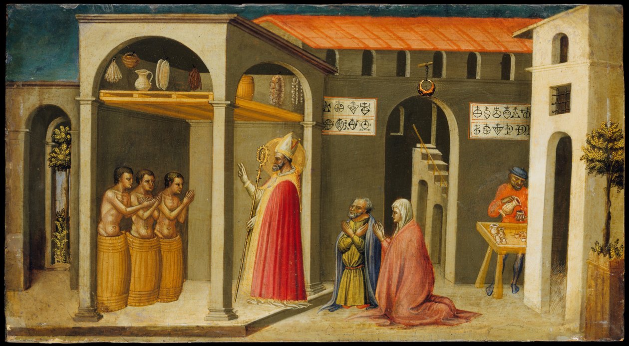 Der heilige Nikolaus erweckt drei Jünglinge wieder zum Leben von Bicci di Lorenzo