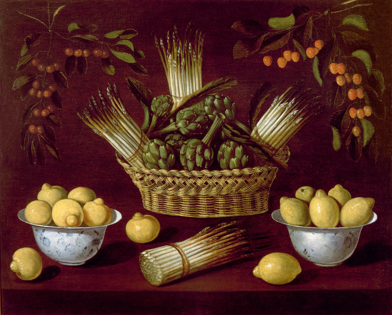 Stillleben mit Spargel, Artischocken, Zitronen und Kirschen von Blas de Ledesma