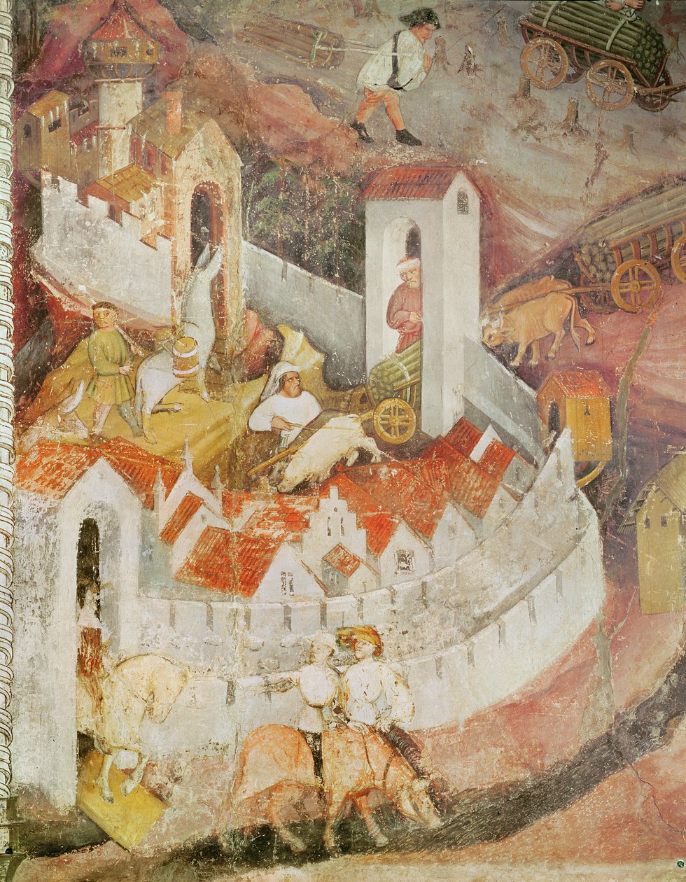 Der Monat Dezember, Detail des Transports von Baumstämmen, ca. 1400 von Bohemian School