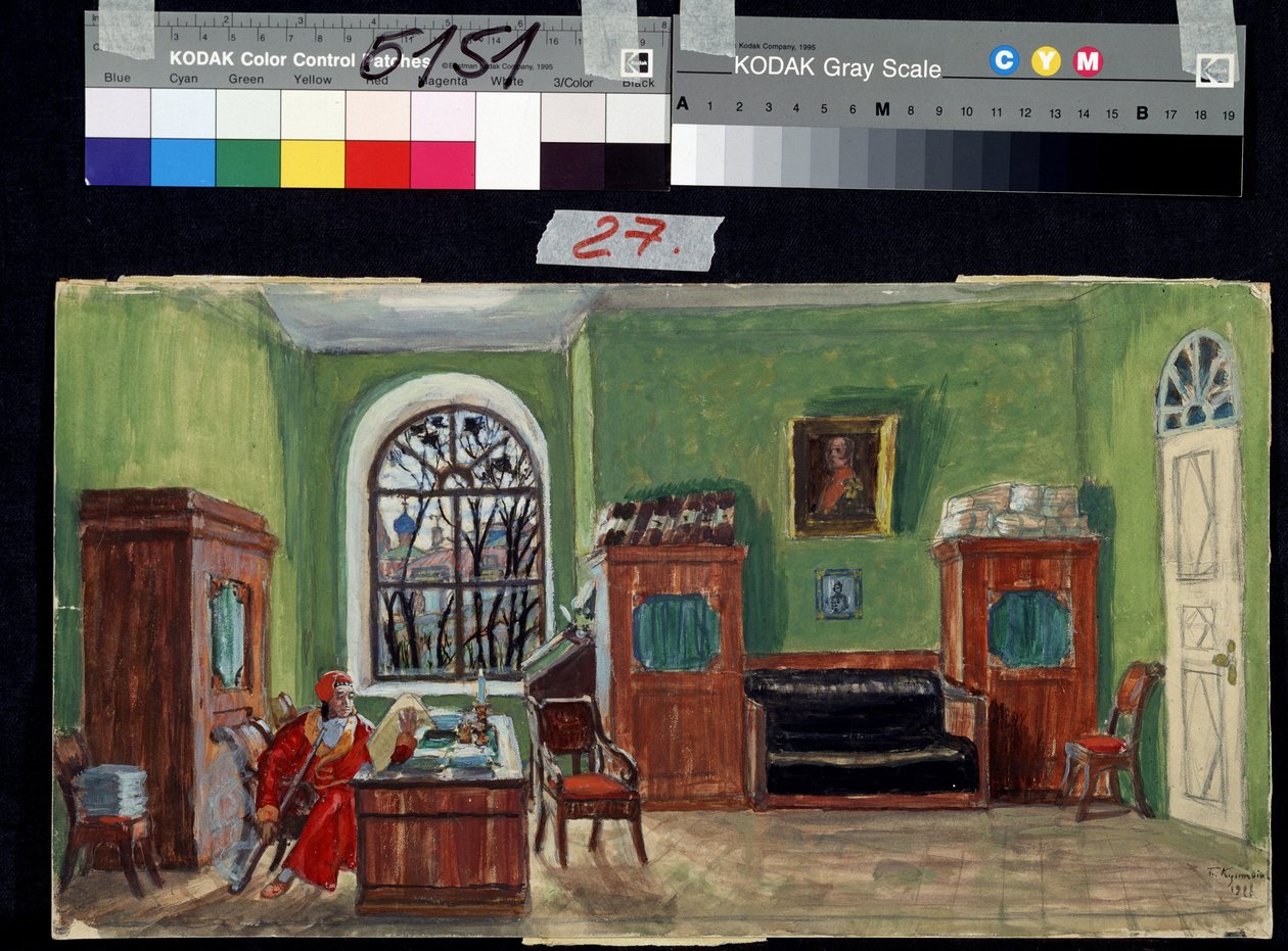 Vorbereitendes Bühnenbild für das Theaterstück Der Tod von Pasukhin von Mikhail Saltykov-Shchedrin von Boris Mikhailovich Kustodiev