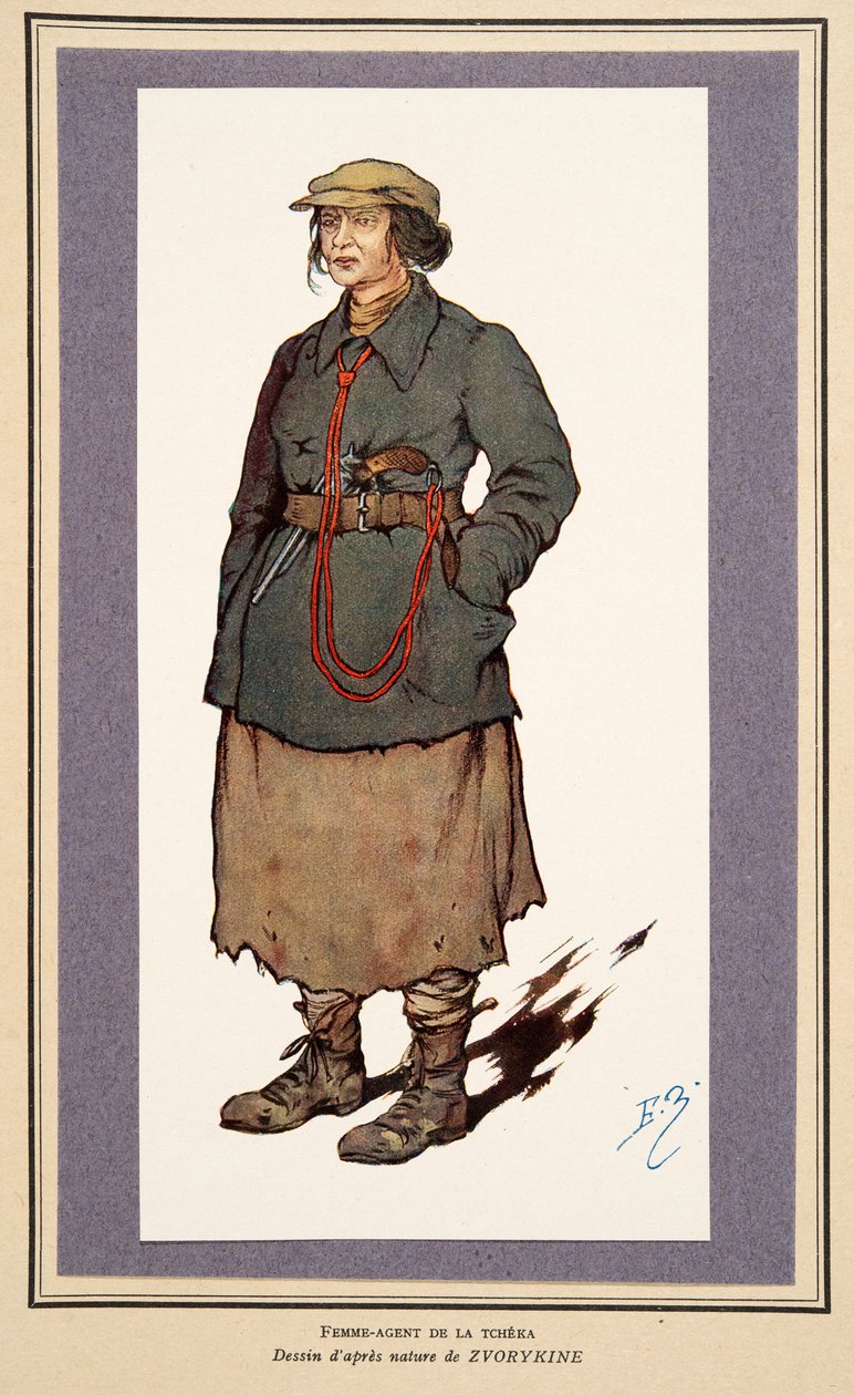 Weiblicher Geheimagent aus Histoire des Soviets, veröffentlicht 1922 (farbige Lithographie) von Boris Vasilievich Zvorykin