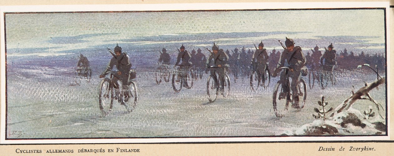 Deutsche Radfahrer kommen in Finnland an; aus Histoire des Soviets, veröffentlicht 1922 von Boris Vasilievich Zvorykin