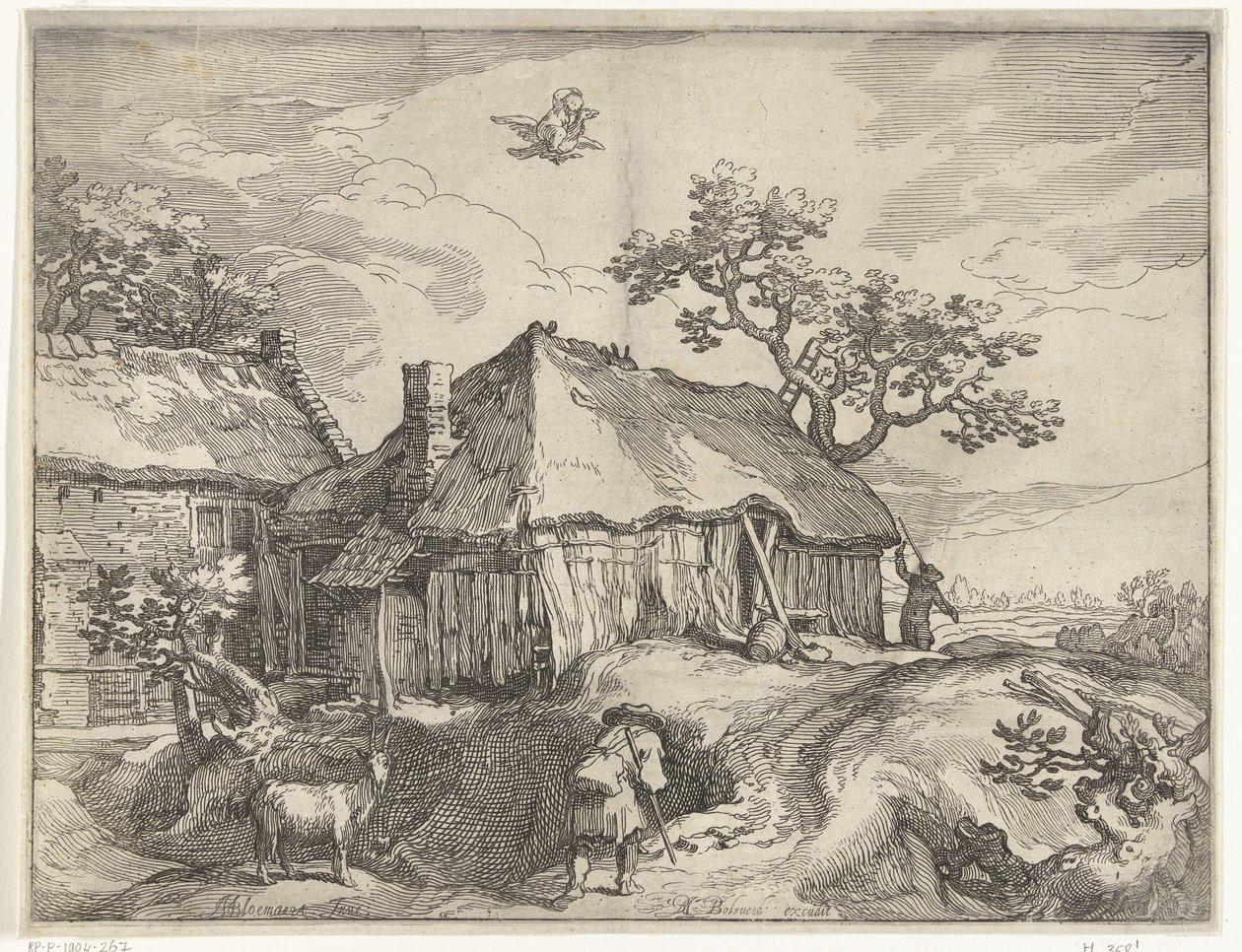 Landschaft mit Bauernhof und Raub des Ganymedes von Boëtius Adamsz. Bolswert