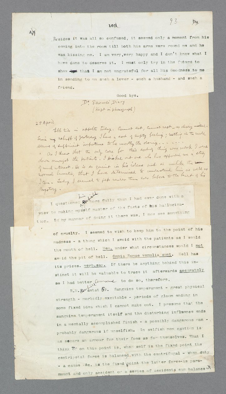 Seite 93, Kapitel 5, Teil des Phonographentagebuchs von Dr. Seward, das seinen Patienten Renfield beschreibt, aus Bram Stokers Originalmanuskript von 