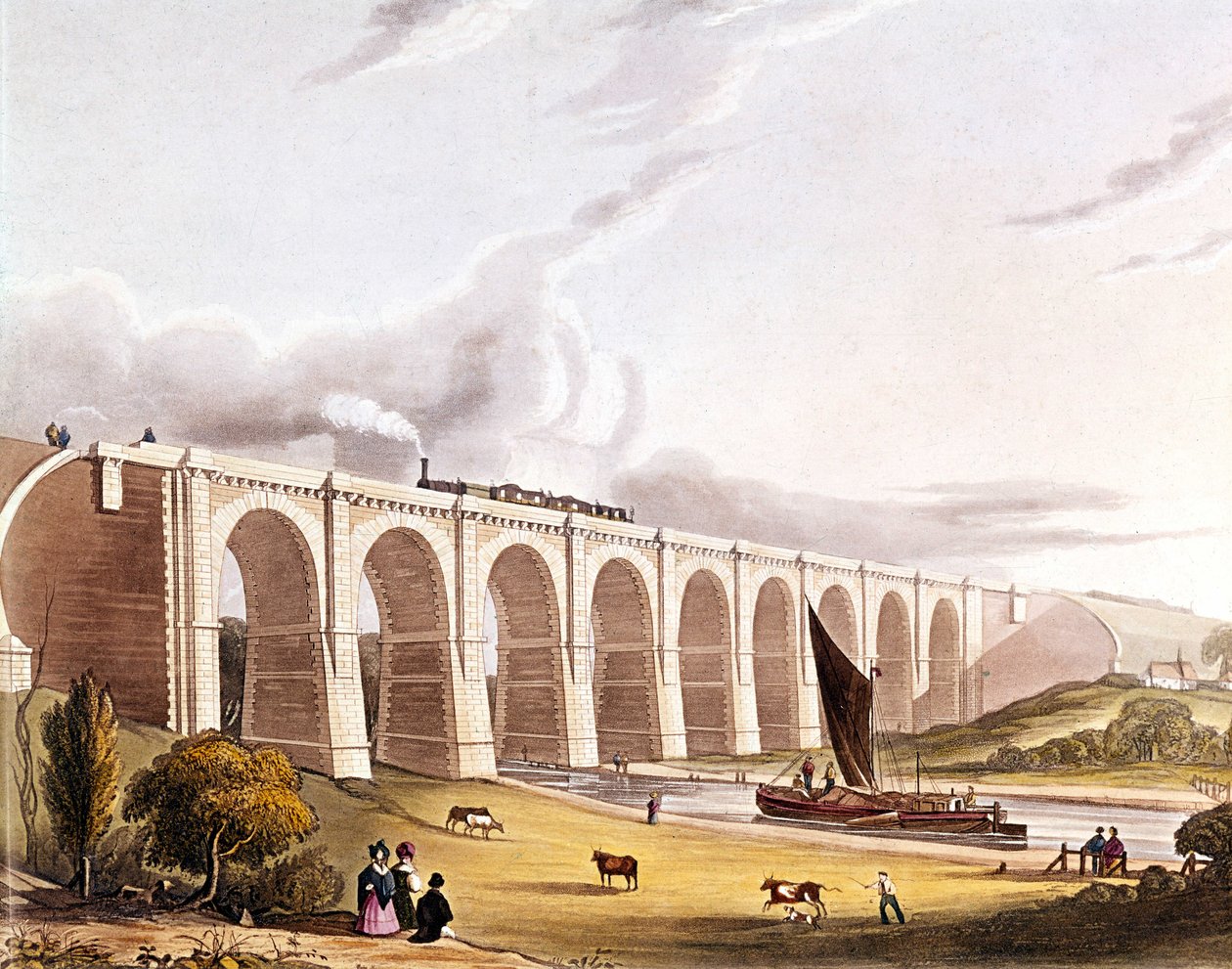 Industrielle Revolution: Ansicht des Eisenbahnviadukts über das Sankey-Tal. Platte aus „Liverpool & Manchester Railway“, London 1832. von British School