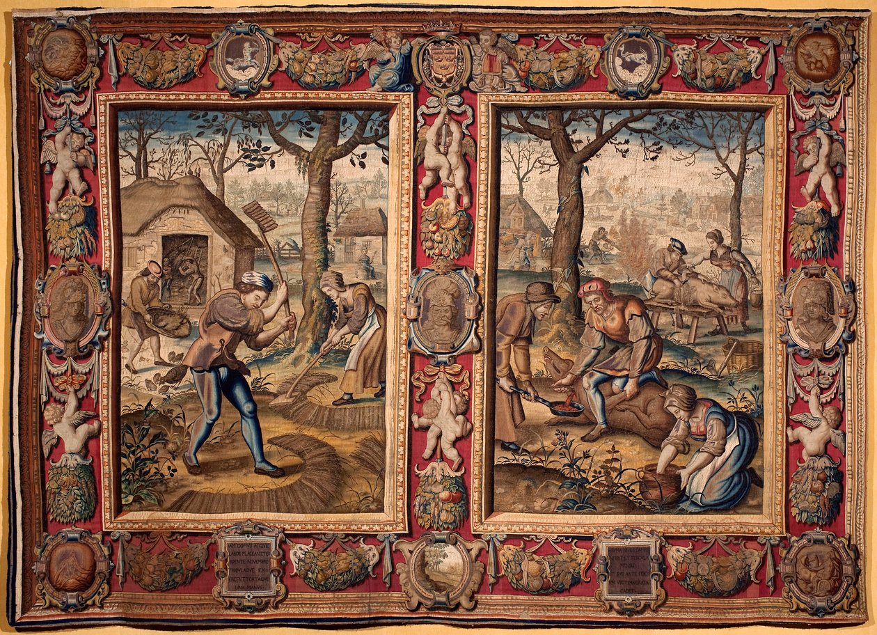 November und Dezember: landwirtschaftliche Arbeit und Schweineschlachtung, Tapisserie der Mortlake-Manufakturen, 17. Jahrhundert, Genua, Musei di Strada Nuova von British School