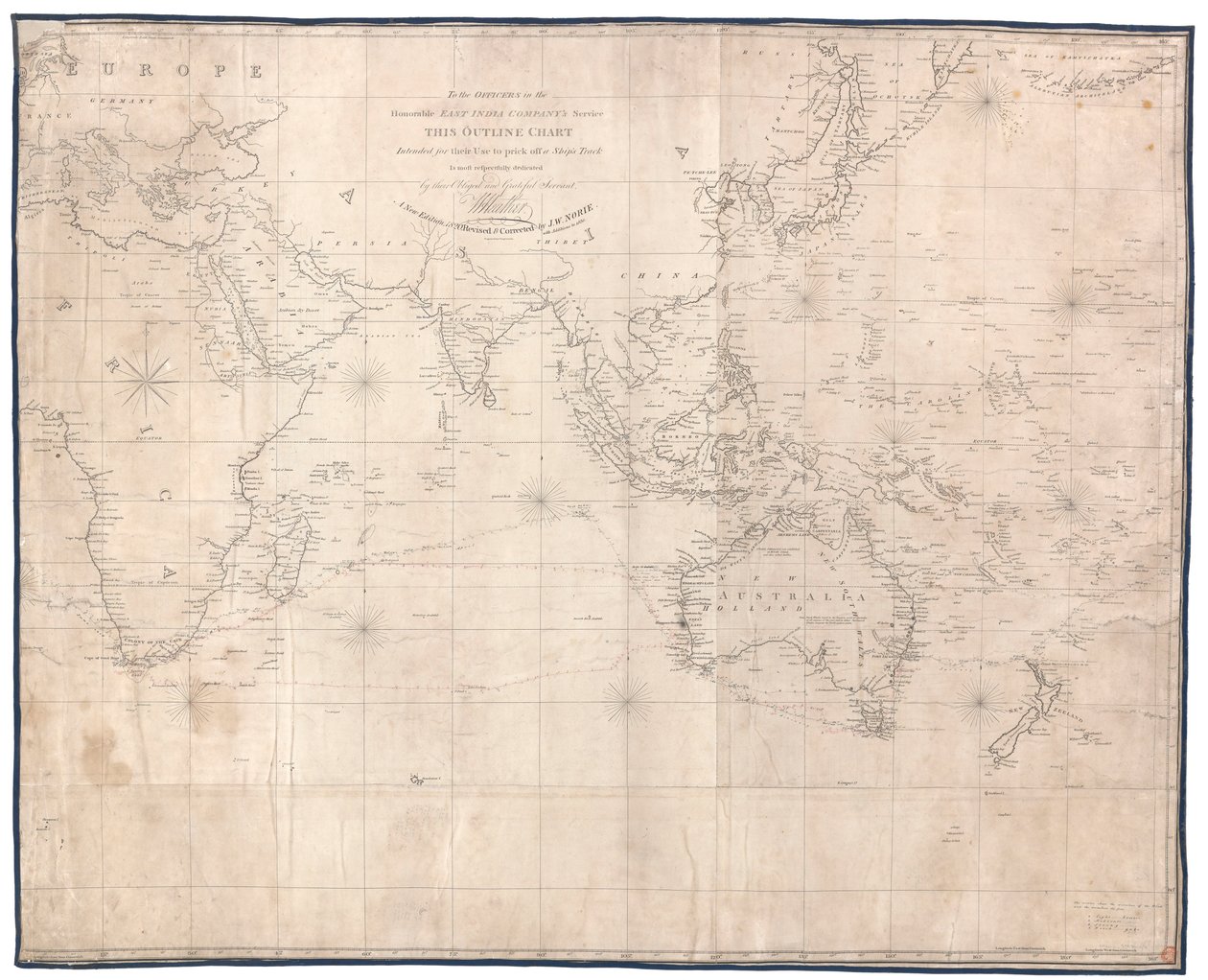 Den Offizieren der ehrenwerten Ostindien-Kompanie ist diese Umrisskarte zur Nutzung gewidmet von W. Heather, neue Ausgabe 1830, überarbeitet und korrigiert von J. W. Norie von British School