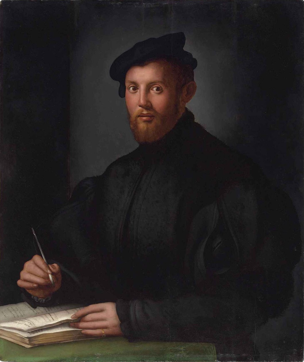 Porträt eines jungen Mannes in Schwarz mit einem Buch von Bronzino